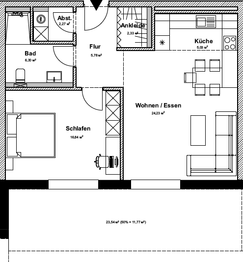 Grundriss 2-Zimmer-Wohnung Neubau Beimoorweg Ahrensburg